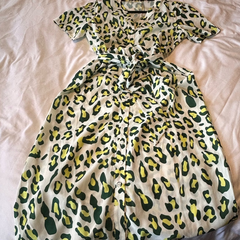 Anthropologie Cream Midi Dress with Green and Yellow Leopard Print